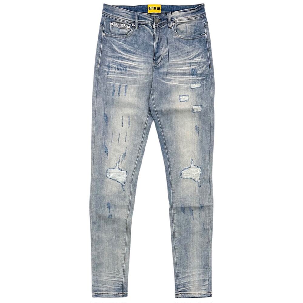 GFTD LA Los Angeles Men's Skinny Fit Jeans Aqua Distressed Rip & Repair Denim